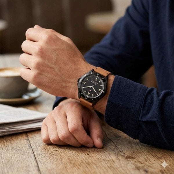 トミーヒルフィガー 腕時計 メンズ 42mm ブラック ブラウン レザー 革 