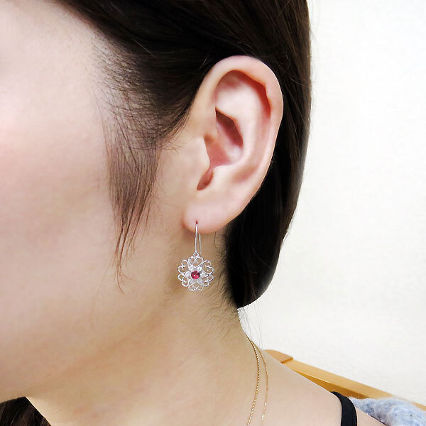 ルビー ピアス ハート フックピアス 花モチーフ 10金 ピアス 