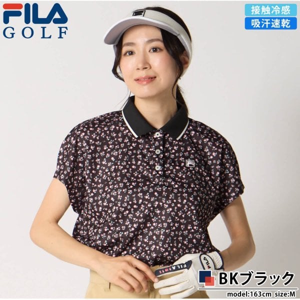 FILA GOLF フィラゴルフ 総花柄 半袖 ロゴ ポロシャツ ブラック L FILA GOLF フィラゴルフ ポロシャツ レディース 半袖 接触冷感 吸汗速