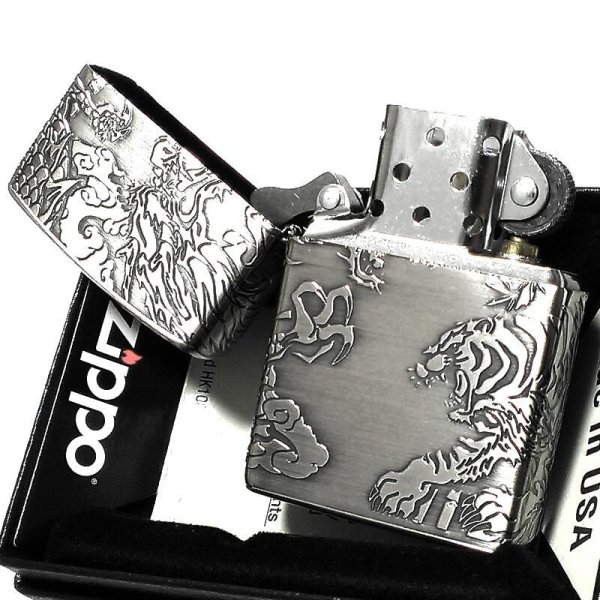 ZIPPO ライター 銀 御守り 龍虎 かっこいい 4面 エッチング 彫刻 