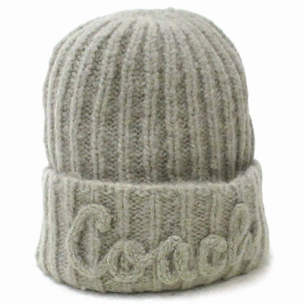 COACH ベージュ ニット帽 ロゴプレート付き コーチ 帽子 COACH アウトレット フロントロゴ スクリプト ニット
