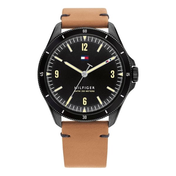 トミーヒルフィガー 腕時計 メンズ 42mm ブラック ブラウン レザー 革 