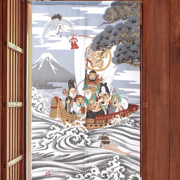 メール便送料無料 暖簾 のれん 85X150cm「鶴亀七福神 レース」2367