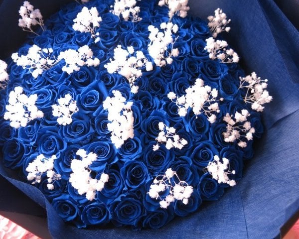 青バラ 花束 100本 カスミ草 枯れない プリザーブドフラワー使用
