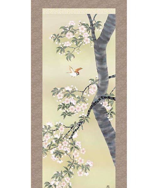 掛軸「桜花に小鳥」 長江桂舟 筆 [ 収納箱 10年保証 43x111 国産 国内