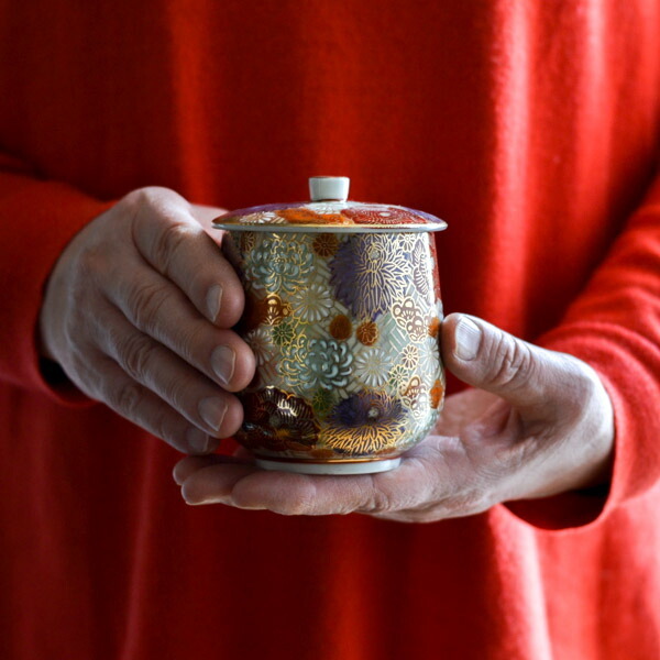 九谷焼 蓋付湯呑 専用木箱 花詰 ( 即日発送 木箱名入れ有料 敬老の日