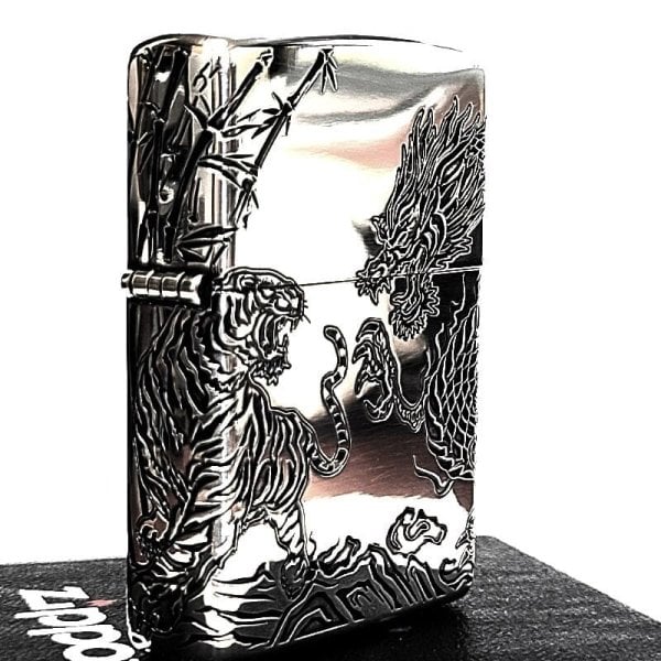 ZIPPO ライター 龍虎 三面連続加工 アンティークシルバー ジッポ 彫刻