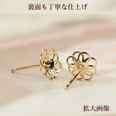 お花 サファイア ピアス 9月誕生石 10k K10 10金 ゴールド 天然石 