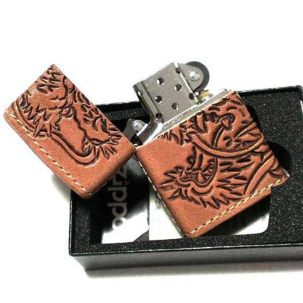 ZIPPO ライター 本革巻き ジッポ カオス 龍神 手彫り Leather Works