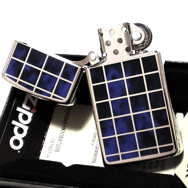 ZIPPO スリム ジッポ ライター シルバー＆ブルー マーブル柄 チェック 