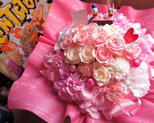 ドナルド デージー ハート 花束風 ピンク ホワイト プリザーブド 