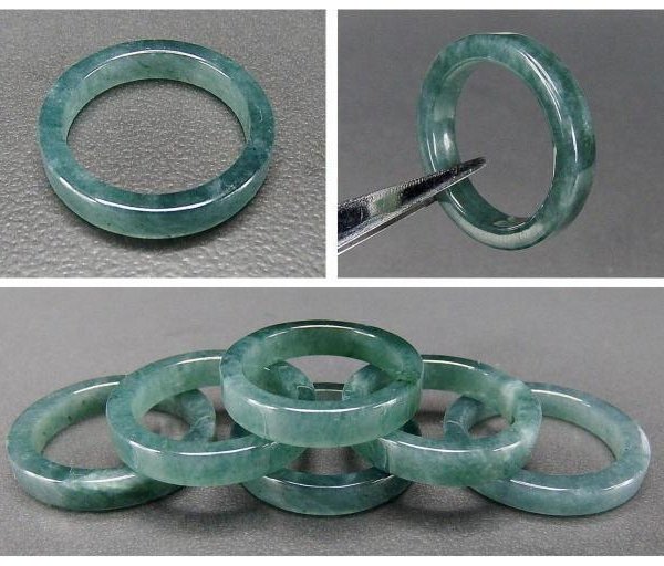 天然石青緑ひすい本翡翠指輪バンドリング直角カット約10号チェーン付き
