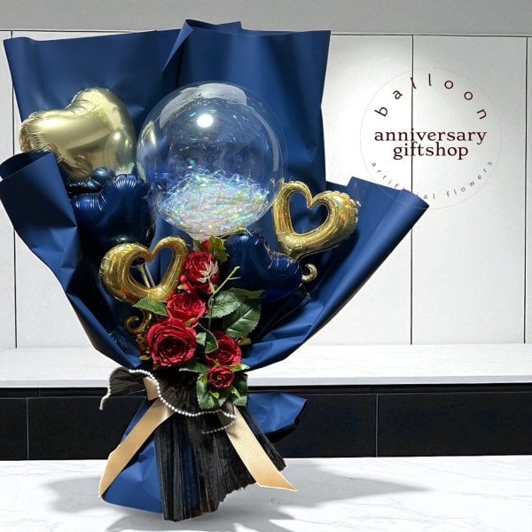 大人カラーバルーンバンチ 花束 バルーンと造花 ネイビー バルーン