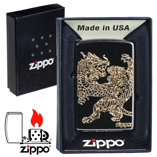 名入れ】送料無料 ZIPPO ジッポーライター 龍虎黒金 BNiミラー 金 