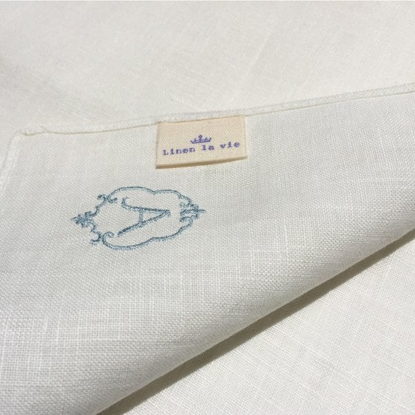 日本製 イニシャル刺繍 リネンハンカチ ブルー Linen la vie リネン ラ