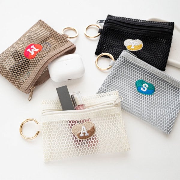 ☆まな☆マルチケース＆Wファスナーフラットポーチ カラビナ付き メッシュフラットポーチ 【 刺繍 ニュアンス