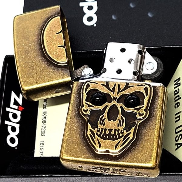 ZIPPO ライター ビッグメタル スカル＆オニキス ジッポ 真鍮バレル 