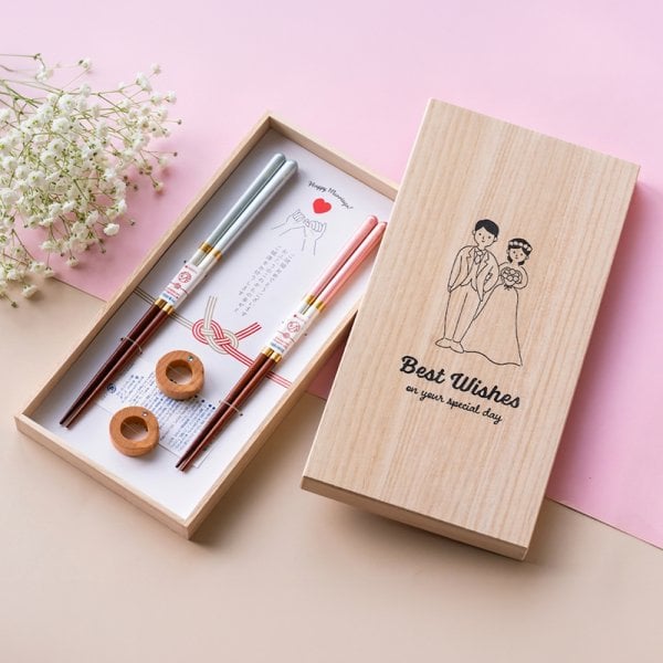 夫婦箸 木箱入り 天然素材 アイボリーカラー ペア 二膳 デザイン&名
