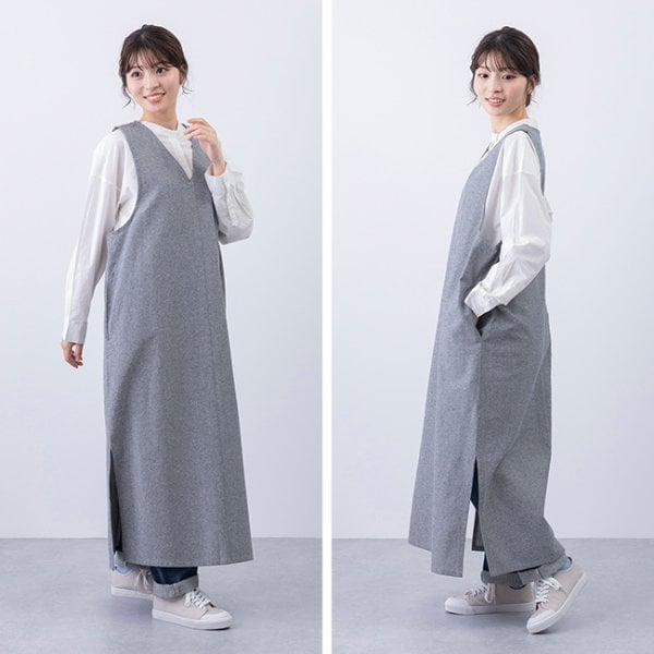 PAGE ONE シャンブレー V開き OPエプロン[エプロン ワンピース ロング