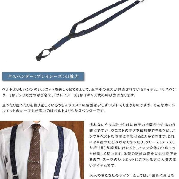 Ramuda Y型サスペンダー ドット柄30mm幅 ダブルクリップ ボタン両用