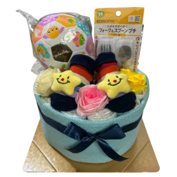 送料無料】おむつケーキ 男の子 ブルー 可愛い ベビーソックス ボール 