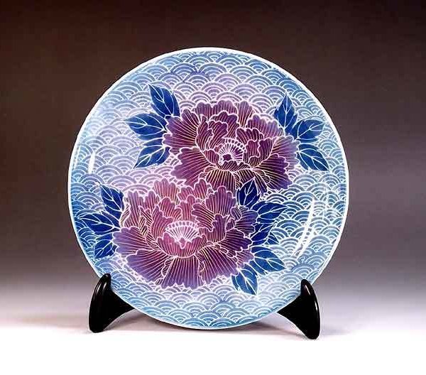 有田焼 陶芸家 藤井錦彩作】有田焼美術品 染錦金彩釉裏紅墨はじき青海