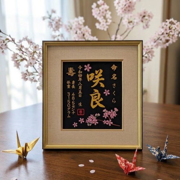 桜刺繍】赤ちゃん 命名書 刺繍 オーダーメイド 女の子 男の子 桜刺繍