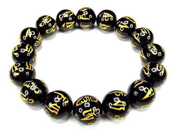 1.天然石 黒翡翠 梵字 六字真言 彫刻 ブレスレット 梵字六字真言オニキスブレスレット金箔14mm天然石厄除け石街 - 【石街