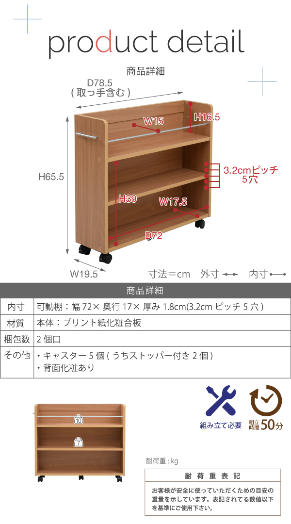 〈セット割あり!!〉本棚② 押入れ 収納 ラック 本棚 4個セット 幅19 奥行78 キャスター付き