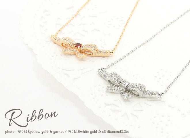 ルビー リボンネックレス 18金 k18 ダイヤモンド 0.16ct 7月誕生石 