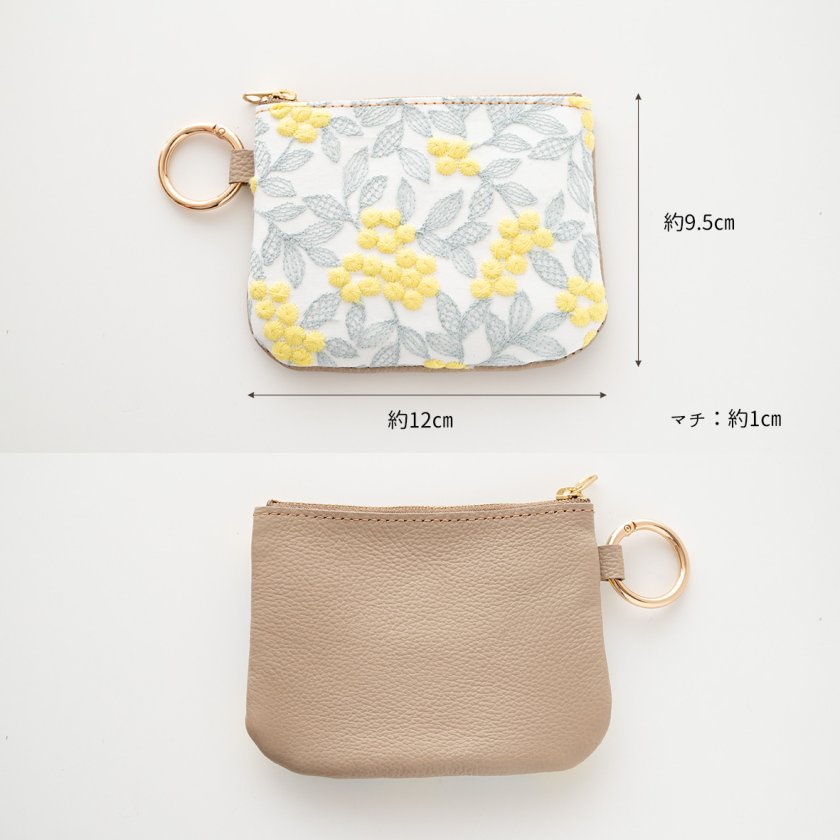 リング付ポーチ 【 ぷっくりミモザ × シュリンクレザー 】 刺繍