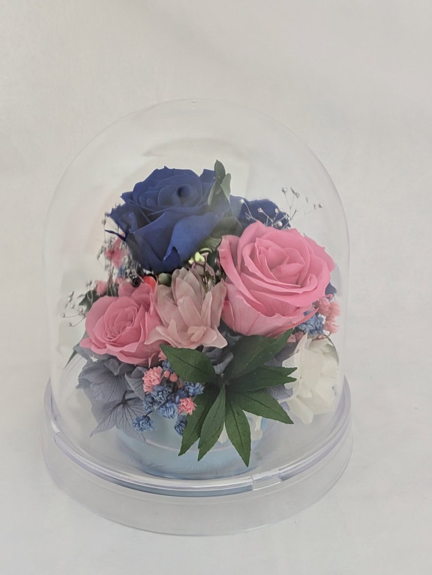 プリザーブドフラワー／ドームの中に咲く青とピンクの薔薇と小花の