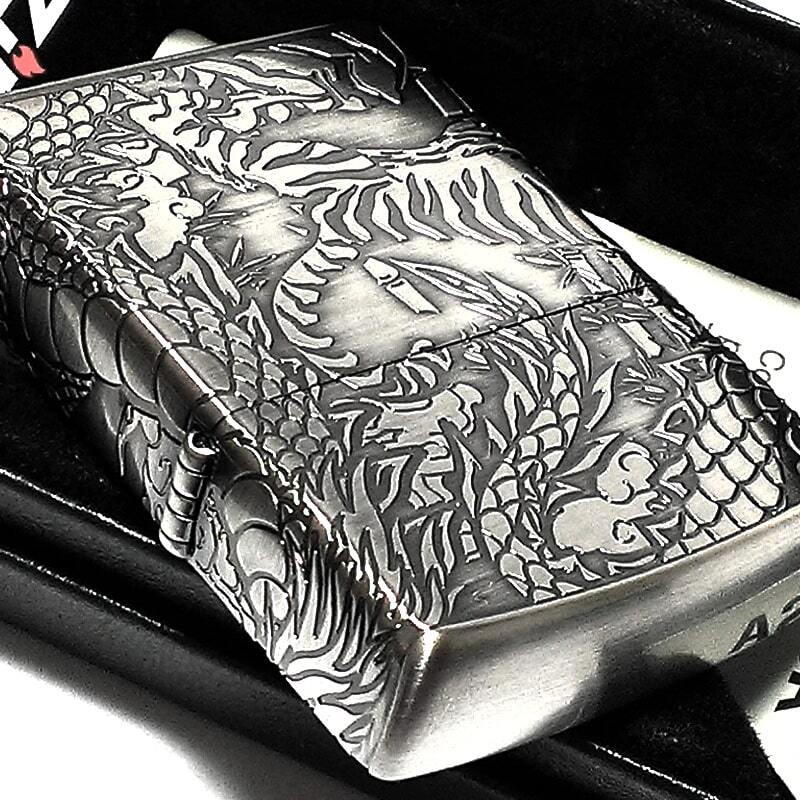 ZIPPO ライター 銀 御守り 龍虎 かっこいい 4面 エッチング 彫刻 