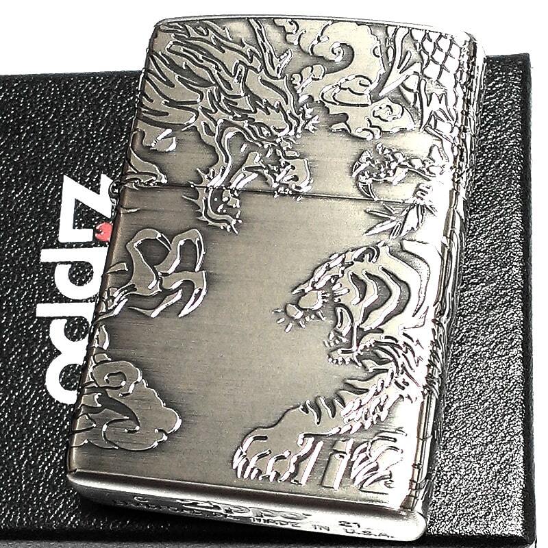 ZIPPO ライター 銀 御守り 龍虎 かっこいい 4面 エッチング 彫刻 