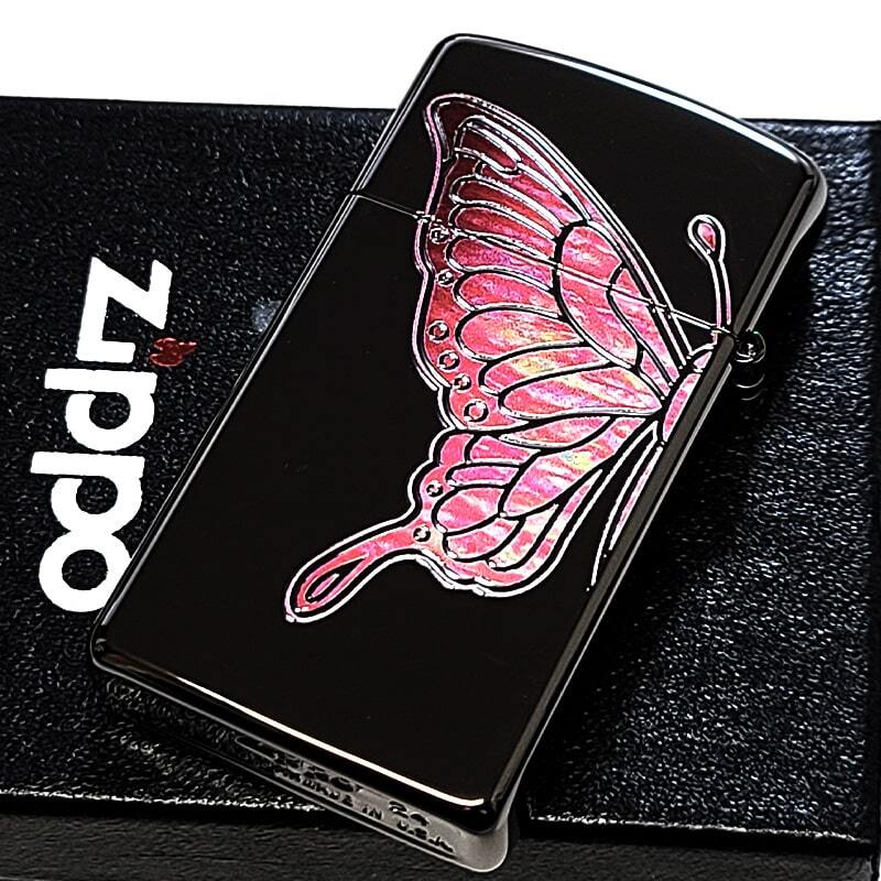 ZIPPO スリム 蝶 かわいい ピンクバタフライ ジッポ ライター シェル 