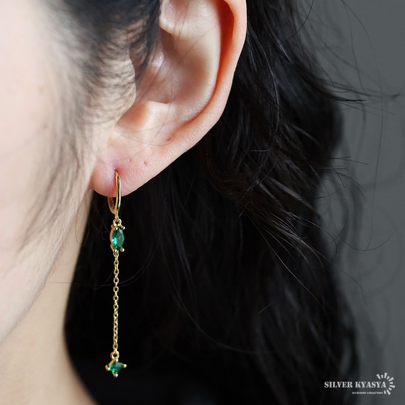 シルバー925 チェーンピアス 揺れる ドロップピアス グリーン