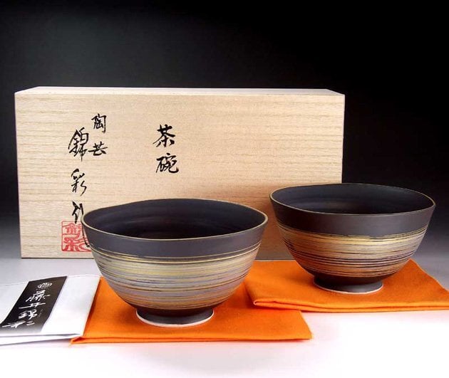 有田焼 陶芸家 藤井錦彩作 窯変金プラチナ彩刷毛目 ご飯茶碗ペアセット