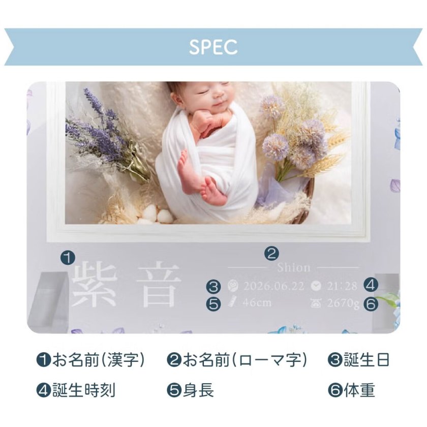 命名書ガラスフォトフレームプレート「紫陽花（あじさい）」/ 命名書