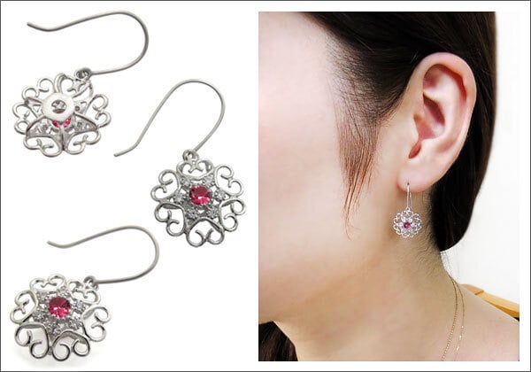ルビー ピアス ハート フックピアス 花モチーフ 10金 ピアス