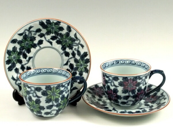 有田 波佐見焼 洸琳窯 染錦鉄仙花 ペアコーヒーカップ＆ソーサー【珈琲