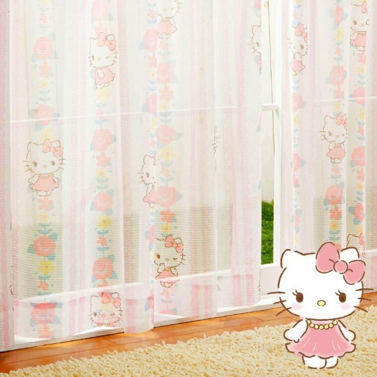 ハローキティ ピンクカーテン レースカーテン 2枚組 100×198cm キティ 花柄 レース ピンク 洗える 外