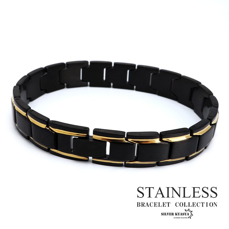 ステンレス ベルトブレスレット 黒 金 ブラック ゴールド ヘビー