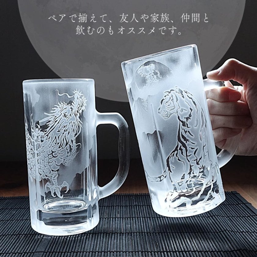 龍虎 アートグラス 彫刻 ビールジョッキ 500ml 昇龍 猛虎 ドラゴン