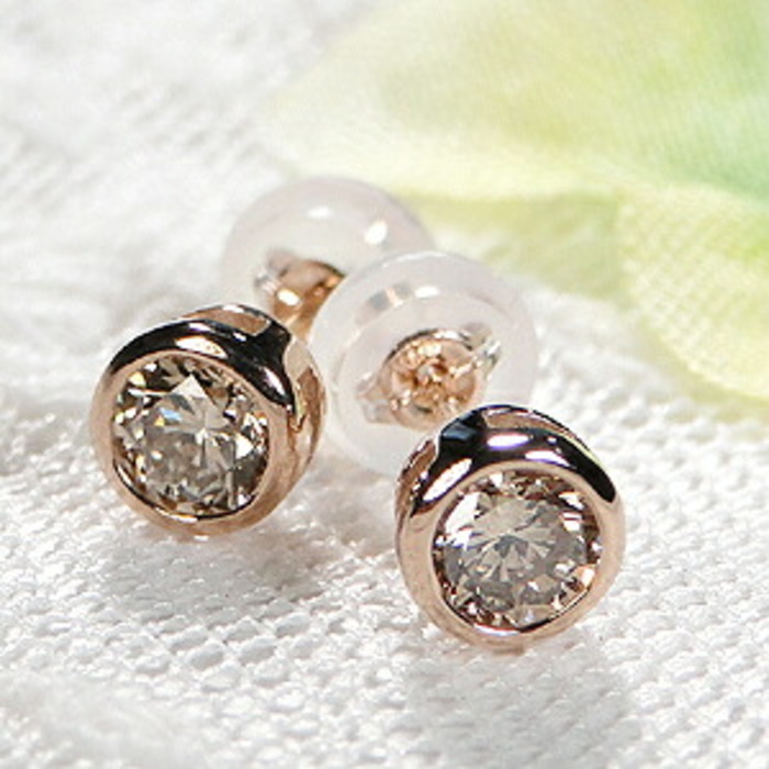 K18PG【0.40ct】覆輪 一粒 ブラウンダイヤモンド スタッドピアス W