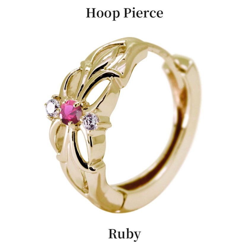 フープピアス 18k メンズ 片耳 ピアス 18金 百合の紋章 ルビー メンズ