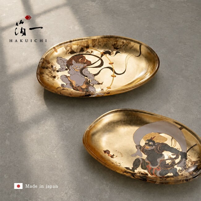 箔名画 ガラストレー 風神雷神・対 金[小物入れ トレイ おしゃれ