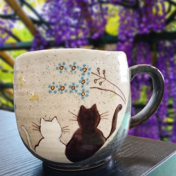 九谷焼 マグカップ 猫の陽だまり/色絵九谷 金花詰 吉田屋山桜に鳥