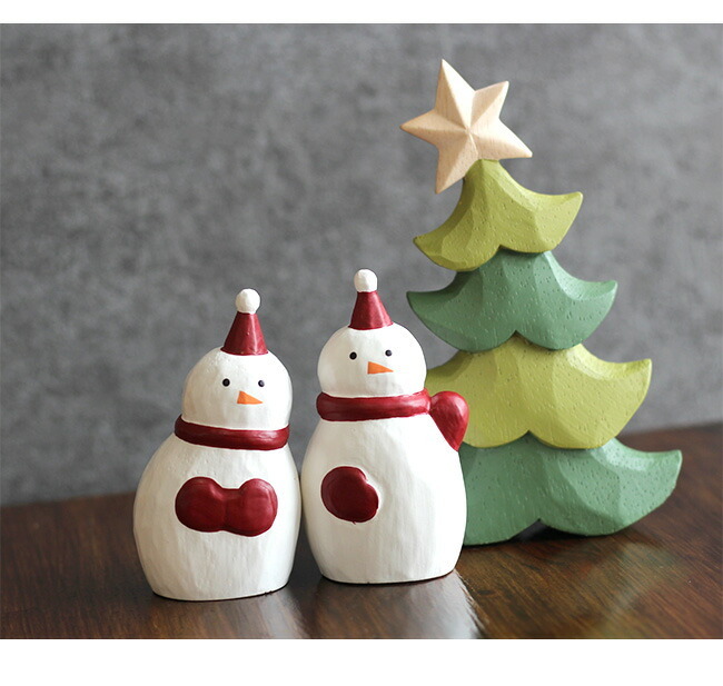 クリスマス置物 3点セット 雪だるま2個＆ツリーS[クリスマス 木製 置物