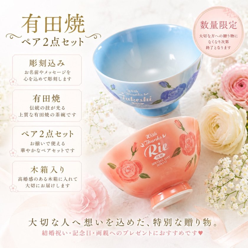 退職 異動 名入れ ペアギフト SXX 有田焼 ミニローズ 茶碗 ブルー