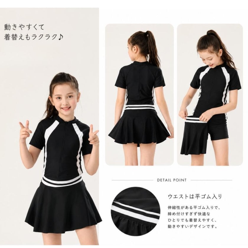送料無料 キッズ水着 女の子 ロンパース スカート付き 半袖 セパレート